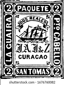 Venezuela Stamp (2 reales) from 1869, a small adhesive piece of paper stuck to something to show an amount of money paid, mainly a postage stamp, vintage line drawing or engraving illustration.