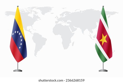 Venezuela and Suriname flags for official meeting against background of world map.