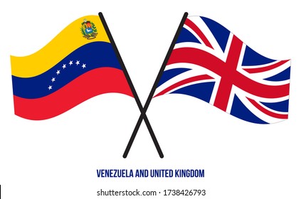 Venezuela and United Kingdom Flags Crossed And Waving Flat Style. Official Proportion. Correct Colors.