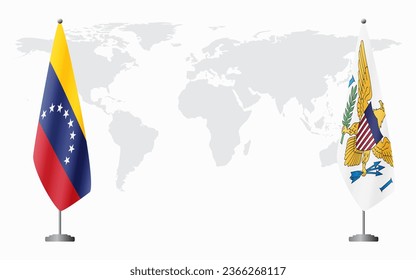 Venezuela and United States Virgin Islands flags for official meeting against background of world map.