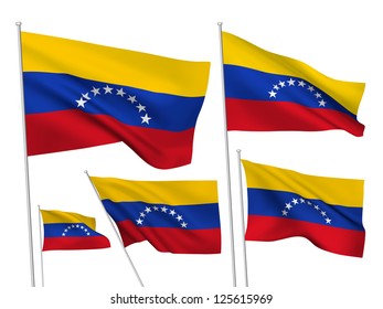 Venezuela vector flags set. 5 wavy 3D cloth pennants fluttering on the wind. EPS 8 created using gradient meshes isolated on white background. Five flagstaff design elements from world collection