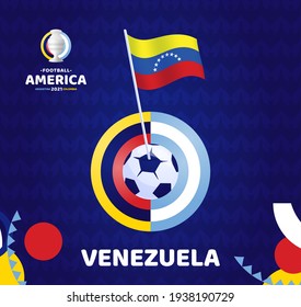 Venezuela wave flag on pole and soccer ball. South America Football 2021 Argentina Colombia vector illustration. Copa america 2021 Tournament pattern background