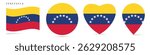 Venezuela waving flag, round circle sticker badge, heart shaped icon, map pin. Venezuelan flag buttons of different shapes. Vector illustration isolated on white.