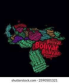 Venezuela Word Cloud. Region names of the country in Spanish language. Bright neon style design on dark background. Venezuela shape with administrative division. Vibrant vector illustration.