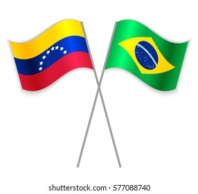 Venezuelan and Brazilian crossed flags. Venezuela combined with Brazil isolated on white. Language learning, international business or travel concept.