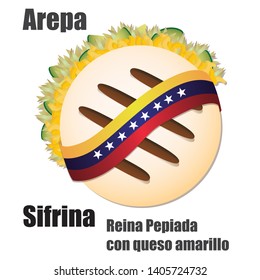 Venezuelan fast food Arepa stuffed Vector Illustration ("AREPA SIFRINA" Translation: "Reina Pepiada" with cheddar cheese)