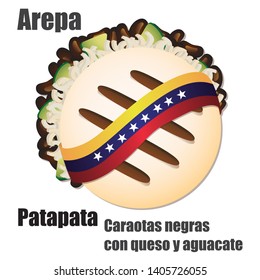 Venezuelan fast food Arepa stuffed Vector Illustration ("AREPA PATAPATA" Translation: Black beans with cheese and avocado)