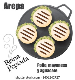 Venezuelan fast food Arepa stuffed Vector Illustration ("AREPA REINA PEPIADA" Translation: Chicken, mayonnaise and avocado)