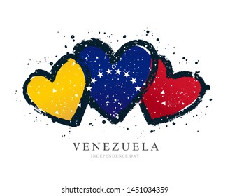 Venezuelan flag in the form of three hearts. Vector illustration on white background. Brush strokes drawn by hand. Independence Day of Venezuela.