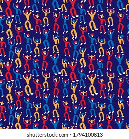 Venezuelan folklore men in primary colors and blue background pattern. Vector seamless pattern design for textile, fashion, paper and wrapping. 