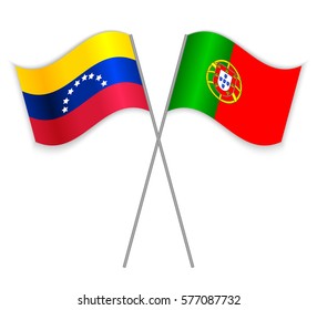 Venezuelan and Portuguese crossed flags. Venezuela combined with Portugal isolated on white. Language learning, international business or travel concept.