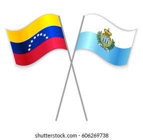 Venezuelan and Sammarinese crossed flags. Venezuela combined with San Marino isolated on white. Language learning, international business or travel concept.