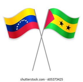 Venezuelan and Sao Tomean crossed flags. Venezuela combined with Sao Tome and Principe isolated on white. Language learning, international business or travel concept.