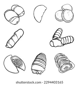 Venezuelan traditional food doodle Illustration. Empanadas, arepa, pan de Jamon cheese bread. Line drawing, sketch.