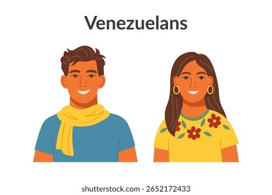 Venezuelanos de etnia isolados em um fundo branco. Homem e mulher. Cliparts planas vetoriais.
