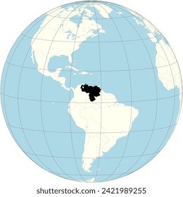 Venezuela's outline centered on the orthographic projection of the world map, has diverse ecosystems and rich natural resources in South America.