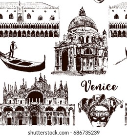 Venice architectural symbols seamless pattern vector set: gondola, Carnival mask, palazzo Ducale, basilica, San Marco, Santa Maria della Salute, sketch illustration. For prints, textile, city panorama