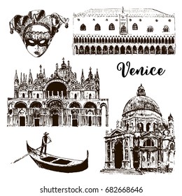 Venice architectural symbols set: gondola, Carnival mask, palazzo Ducale, basilica, San Marco, Santa Maria della Salute, . vector sketch illustration. For prints, textile, advertising, city panorama