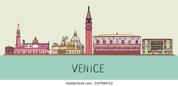 Venice architecture skyline illustration. Cityscape with famous landmarks, city sights