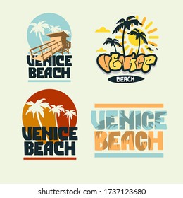 Venice Beach California Summer Time Beach Life Hand Lettering  Vector Illustrations Set Designs.