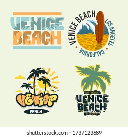 Venice Beach California Summer Time Beach Life Hand Lettering  Vector Illustrations Set Designs.