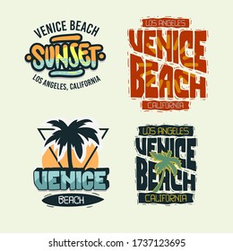 Venice Beach California Summer Time Beach Life Hand Lettering  Vector Illustrations Set Designs.