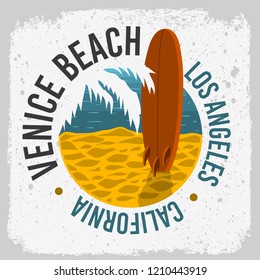 Venice Beach California Surfing Surf Design With A Surf Board On The Beach And Palm Leaf  Logo Sign Label for Promotion Ads t shirt or sticker Poster Vector Image.
