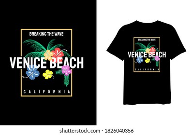 Venice beach California with tropical palm and hibiscus flower, stylish t-shirts and trendy clothing designs with lettering, and printable, vector illustration designs.