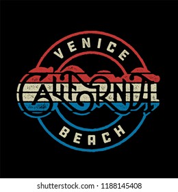 Venice Beach California Vintage Apparel Print Design. Retro Fashioned T Shirt Badge. Vector Illustration.