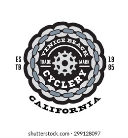 Venice Beach Cyclery Vintage T shirt apparel fashion print graphics. Urban Cycling bike Badge Emblem Logo Icon Symbol Design. Old School Retro Visual Style Spirit of California. Vector Illustration.