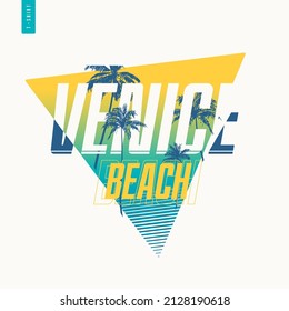 Venice beach graphic t-shirt design with palm tress, summer retro print, vector illustration.