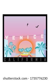 venice beach illustration with California slogan and palm trees