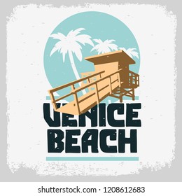 Venice Beach Los Angeles California Lifeguard Tower Station Beach Rescue Palm Trees Logo Sign Label Design For Promotion Ads t shirts Sticker Poster Flyer Vector Graphic.