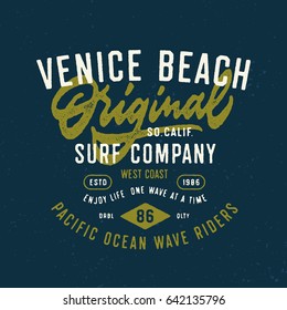 Venice Beach Original Surf Company T shirt Graphics. Vintage West Coast Surfing Typography Apparel Print. Vector Design. 