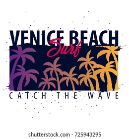Venice Beach Surfing graphic with palms. T-shirt design and print