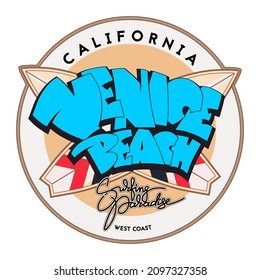 Venice beach surfing logo template. Vintage emblem in retro style. Surfboards and hand drawn lettering .