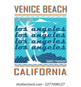 venice beach tropical sunset, surf rider, long beach, vector t shirt print, typography graphic and other use