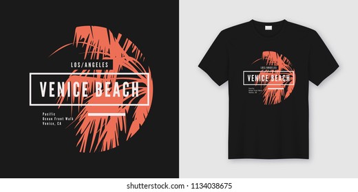 Venice beach t-shirt and apparel trendy design with palm tree silhouette, typography, poster, print, vector illustration. Global swatches.