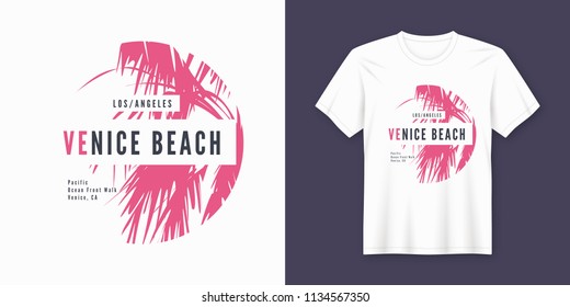 Venice beach t-shirt and apparel trendy design with palm tree silhouette, typography, poster, print, vector illustration. Global swatches.