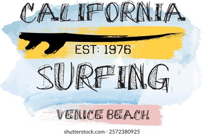 Venice beach. Vector illustration on the theme of surfing and surf in California, Vintage design. Grunge background. Number sport typography, t-shirt.eps8