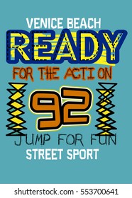 venice beach,ready for action,street sport jump for fun,t-shirt print poster vector illustration