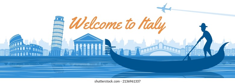 Venice boat and Pisa tower.Italy famous landmark and symbol,vector illustration