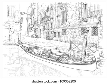 Venice - Calle Fondamenta Megio. Ancient building & gondola. Vector drawing