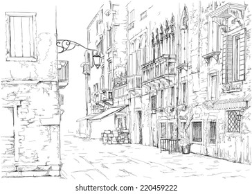 Venice - Calle Fondamenta Megio. Ancient building. Vector drawing