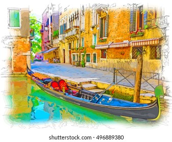 Venecia - Calle Fondamenta Megio. Edificio antiguo y gondola. Dibujo de color del vector