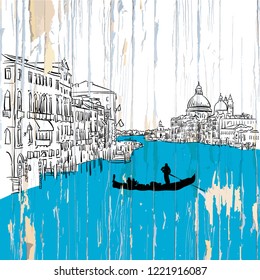 Venice canale drawing on wood. Vector illustration on vintage background.