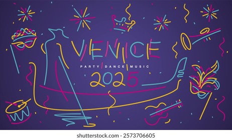 Venice Carnival 2025 elements banner. Gondola gondolier mask drum guitar fanfare crown tiara ribbons sparkle firework confetti isolated on purple background