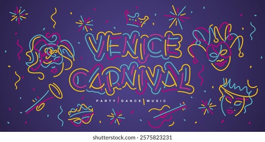 Venice Carnival 2025 new handwriten line design typography with festive elements. Masks guitar fanfare crown tiara ribbons sparkle firework confetti isolated on purple background