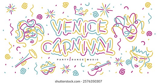 Venice Carnival 2025 new handwriten line design typography with festive elements. Masks guitar fanfare crown tiara ribbons sparkle firework confetti isolated on white background