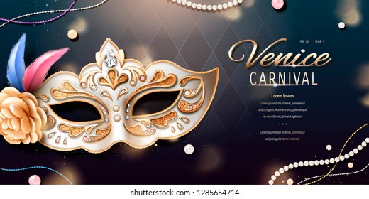 Venice carnival banner design with beautiful mask in 3d illustration, bokeh rhombus background